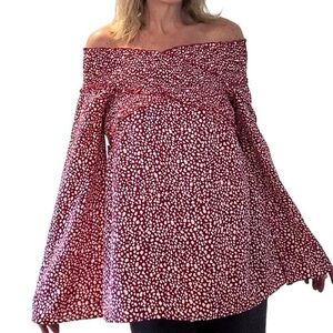Women’s Red Boho Off Shoulder Dot Print Blouse Size L/XL Casual Bell Sleeve
